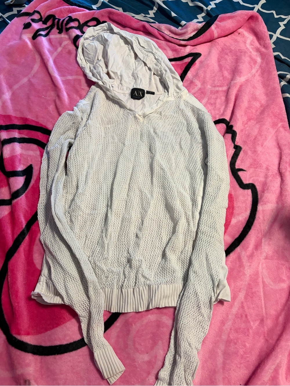 Armani Exchange White Hooded Open-Knit Sweater
